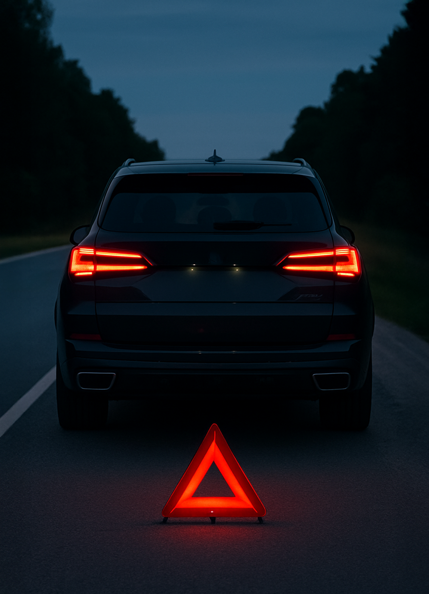 Warning triangle behind a car on the roadside — rental insurance