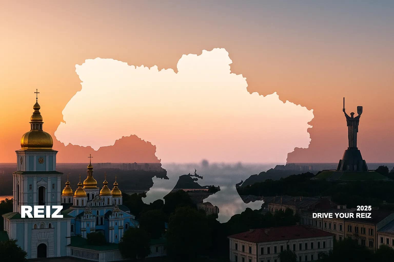 Панорама визначних місць України на заході сонця — маршрут для автоподорожі