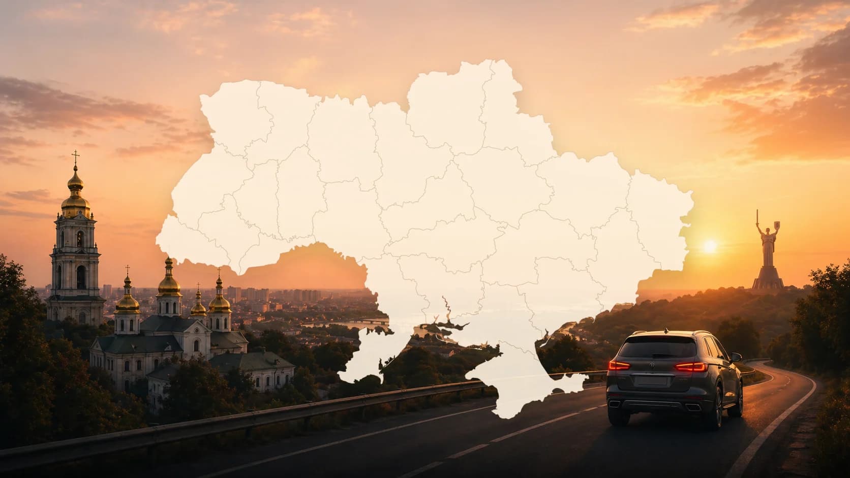 Panorama zabytków Ukrainy o zachodzie slonca — trasa podróży samochodem