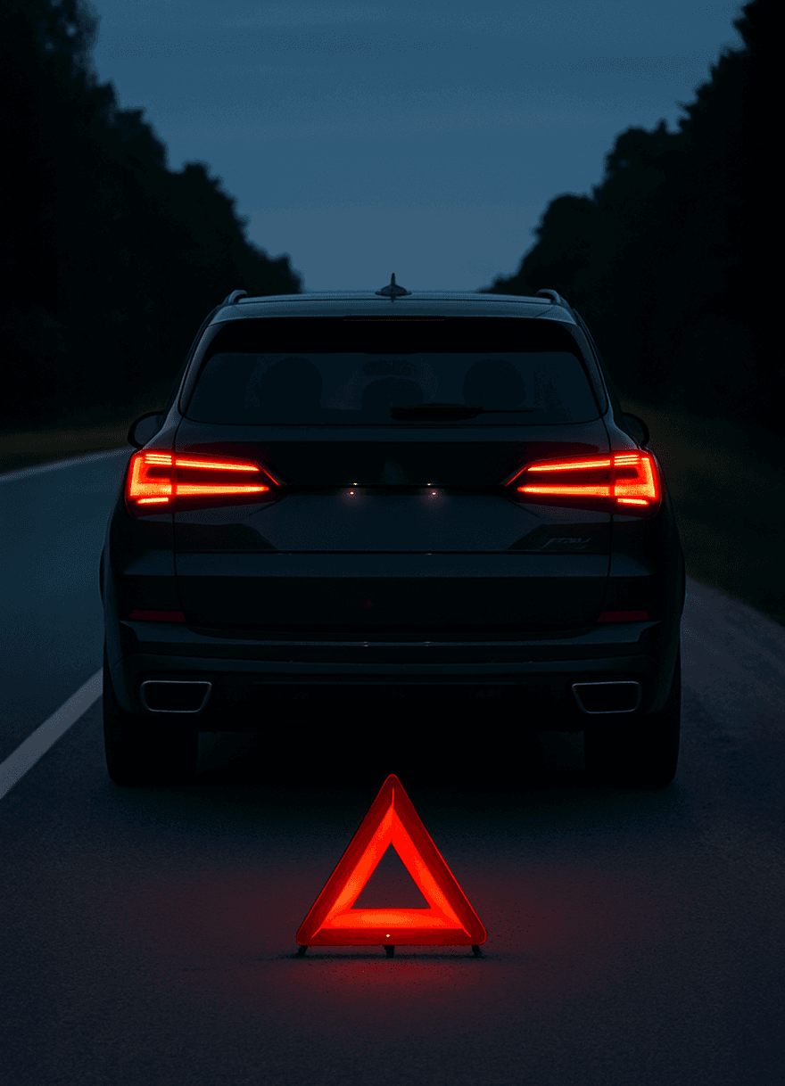 Предупреждающий знак позади автомобиля на дороге — страховка при аренде авто