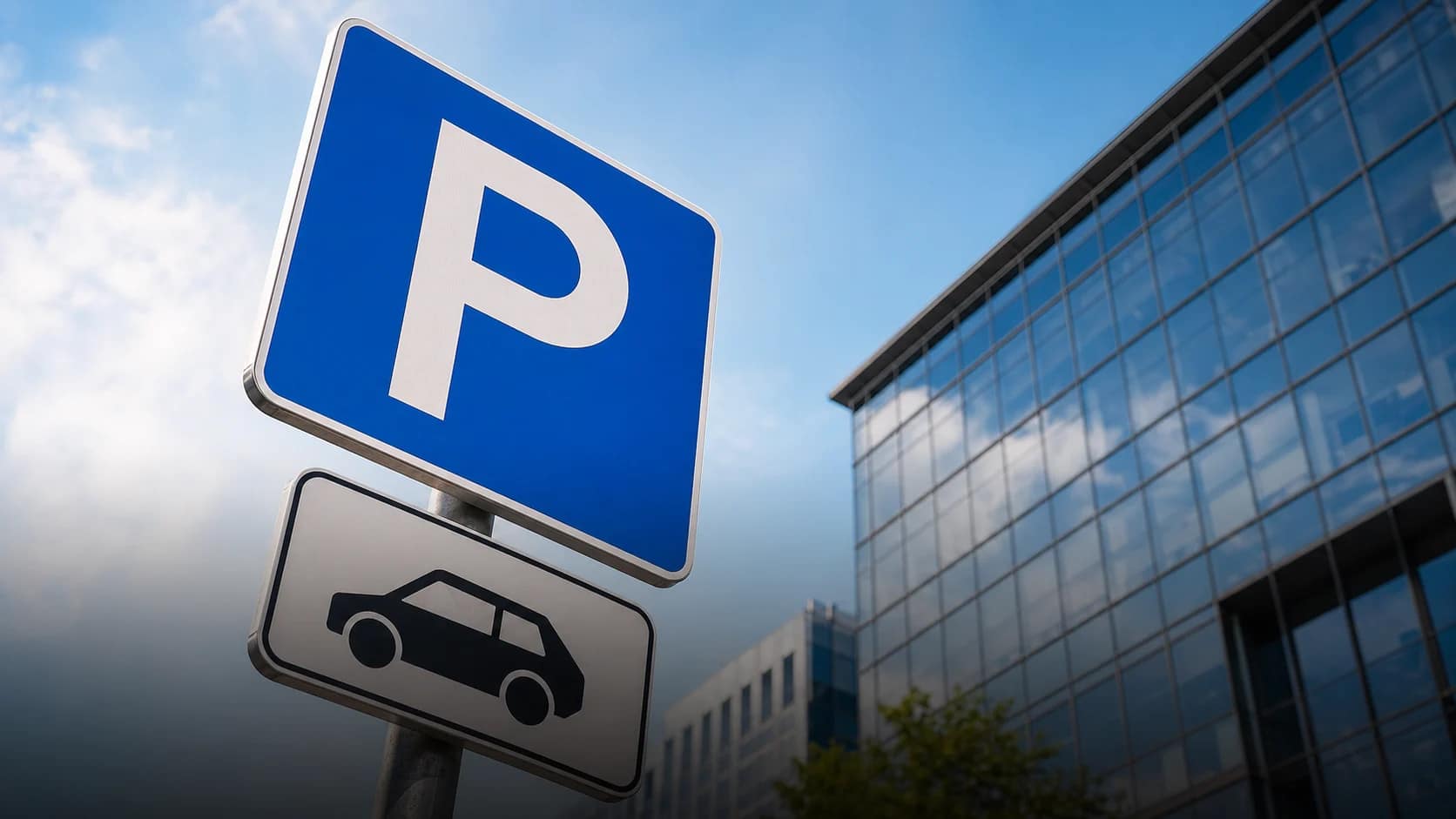 Parking sign near a city building — how to pay for parking in Ukraine