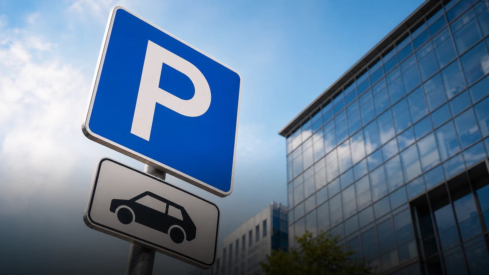 Znak parkingowy przy budynku w mieście — jak zapłacić za parking na Ukrainie