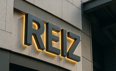 Логотип REIZ на фасаді будівлі — бренд прокату автомобілів